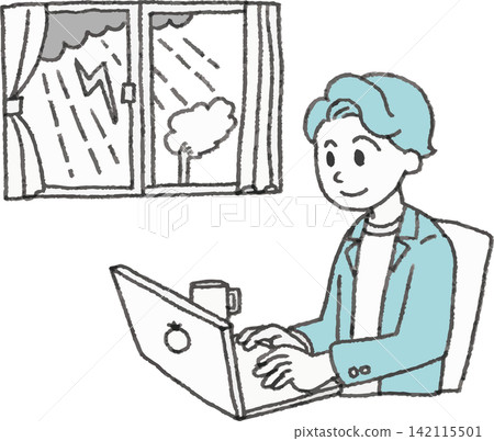 Illustration of a man working from home due to a typhoon/bad weather (working from home, disaster prevention, safety, 2 colors) Illustration of a man working from home due to a typhoon/bad weather (working from home, disaster prevention, safety, 2 colors) 142115501