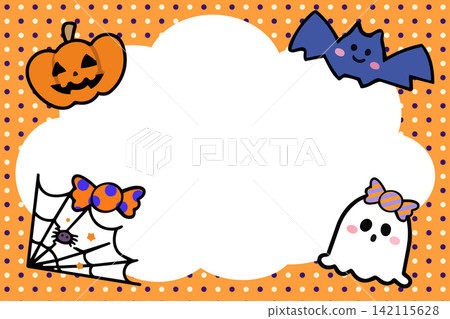 Bat and candy Halloween frame with purple polka dots on a pumpkin-colored background. Bat and candy Halloween frame with purple polka dots on a pumpkin-colored background. 142115628