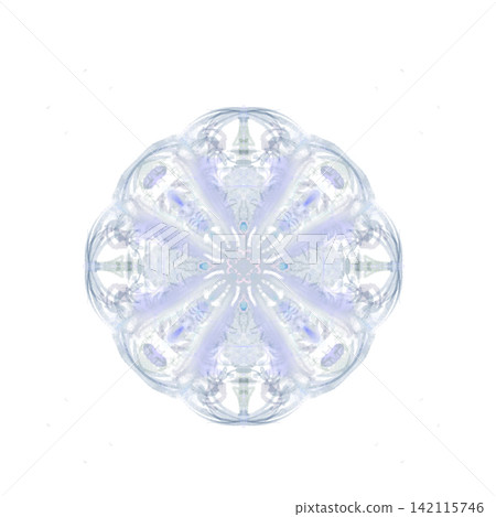 A symmetrical kaleidoscope illustration featuring translucent crystals and flowers. A symmetrical kaleidoscope illustration featuring translucent crystals and flowers. 142115746