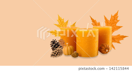 Fall. Candles and seasonal decorations showcase warmth of fall. Autumn decor concept Fall. Candles and seasonal decorations showcase warmth of fall. Autumn decor concept 142115844