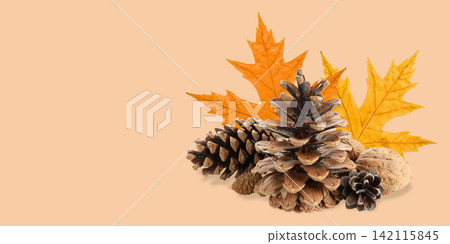 Autumn. Decorative arrangement of pine cones and vibrant autumn leaves enhances warmth Autumn. Decorative arrangement of pine cones and vibrant autumn leaves enhances warmth 142115845