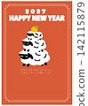 Cute New Year's card template for 2027 (Year of the Sheep) featuring overlapping sheep like Kagami Mochi (rice cakes) (red background) 142115879