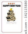 Cute New Year's card template for 2027 (Year of the Sheep) featuring overlapping sheep like Kagami Mochi (rice cakes) (white background) 142115880