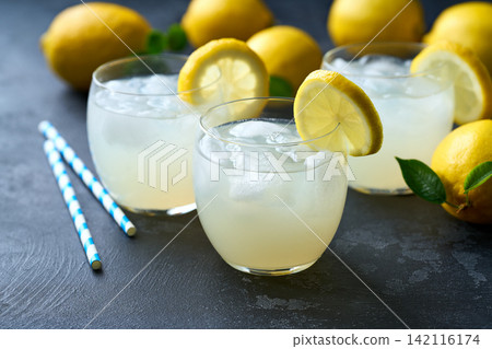 lemonade water with lemon slices , healthy and detox water drink with ice in summer on the dark kitchen table. lemonade water with lemon slices , healthy and detox water drink with ice in summer on the dark kitchen table. 142116174