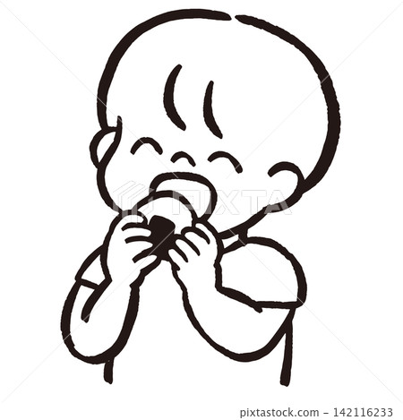 Line art illustration of a boy eating a rice ball | Children's meals, food education, Japanese food, coloring book material 142116233