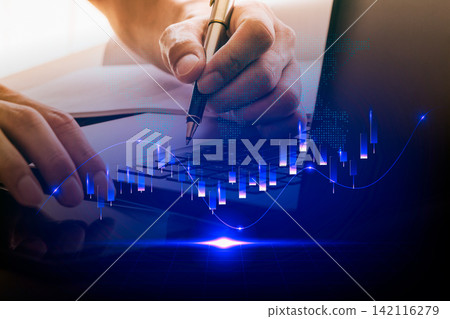 Business man on digital stock market financial indicator background. Digital business and stock market financial indicator on LED. Double exposure of business man and digital stock market financial. Business man on digital stock market financial indicator background. Digital business and stock market financial indicator on LED. Double exposure of business man and digital stock market financial. 142116279