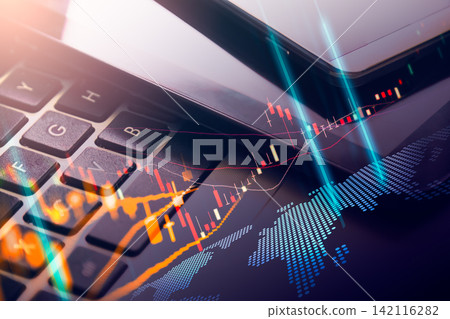 Business man on digital stock market financial indicator background. Digital business and stock market financial indicator on LED. Double exposure of business man and digital stock market financial. Business man on digital stock market financial indicator background. Digital business and stock market financial indicator on LED. Double exposure of business man and digital stock market financial. 142116282