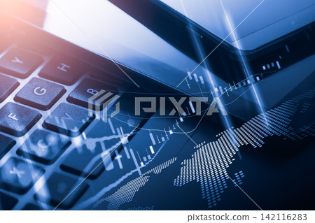 Business man on digital stock market financial indicator background. Digital business and stock market financial indicator on LED. Double exposure of business man and digital stock market financial. Business man on digital stock market financial indicator background. Digital business and stock market financial indicator on LED. Double exposure of business man and digital stock market financial. 142116283