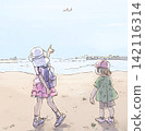A child spotted an airplane on the beach. 142116314