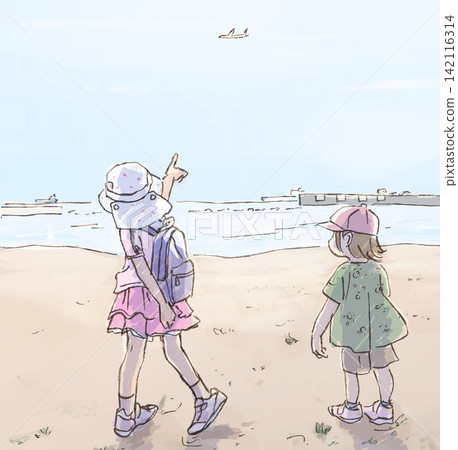A child spotted an airplane on the beach. A child spotted an airplane on the beach. 142116314