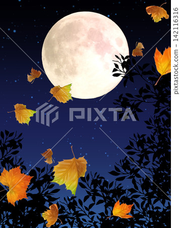 A full moon and a forest where fallen leaves are fluttering about. A full moon and a forest where fallen leaves are fluttering about. 142116316
