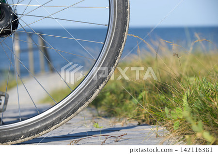 Bicycle Wheel On Sandy Boardwalk Near Beach With Sea Grass And Ocean Background Bicycle Wheel On Sandy Boardwalk Near Beach With Sea Grass And Ocean Background 142116381
