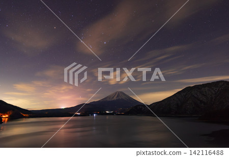 從本棲湖看到的黎明時分,倒映著深紅色的星空。 從本棲湖看到的黎明時分,倒映著深紅色的星空。 142116488