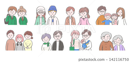 A set of cute, hand-drawn illustrations of the upper bodies of couples and families. A set of cute, hand-drawn illustrations of the upper bodies of couples and families. 142116750
