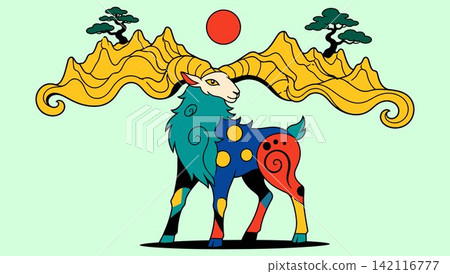 Mythical Colorful Ram with Mountain Horns Mythical Colorful Ram with Mountain Horns 142116777