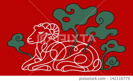 Stylized Line Art Ram with Green Clouds on Red Background Stylized Line Art Ram with Green Clouds on Red Background 142116779