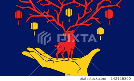 Red Deer with Antlers as Lantern Tree on a Hand Red Deer with Antlers as Lantern Tree on a Hand 142116800