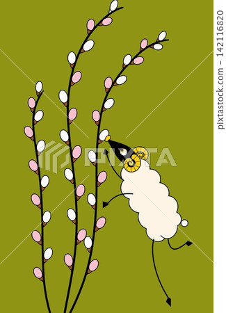 A Curious Sheep with Pussy Willows A Curious Sheep with Pussy Willows 142116820