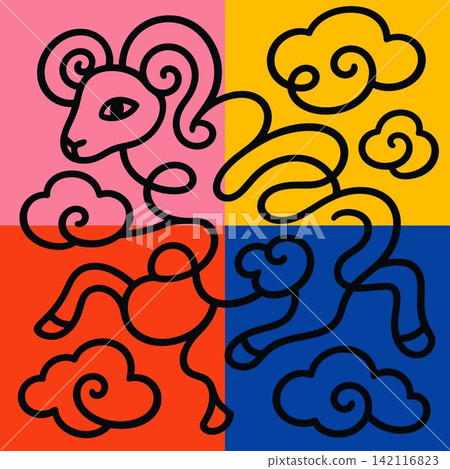 Abstract Line Art Ram in Colorful Quadrants 142116823