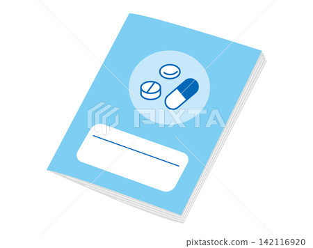 Illustrations for a medication record book; a record notebook with medication symbols. 142116920