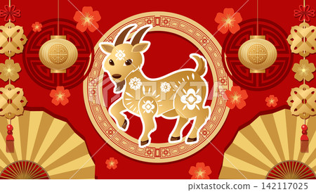 Chinese Zodiac Goat Illustration with Traditional Red and Gold Ornaments Chinese Zodiac Goat Illustration with Traditional Red and Gold Ornaments 142117025