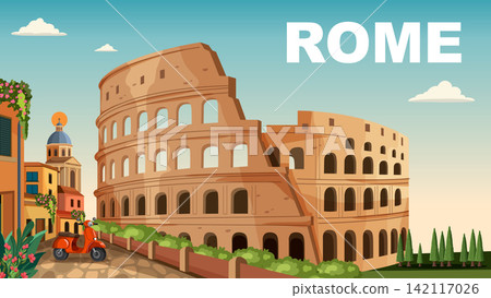 Vintage Travel Poster of Rome Italy with Colosseum and Red Scooter 142117026