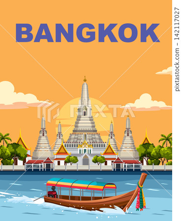 Bangkok Travel Poster with Wat Arun Temple and Long-tail Boat at Sunset Bangkok Travel Poster with Wat Arun Temple and Long-tail Boat at Sunset 142117027