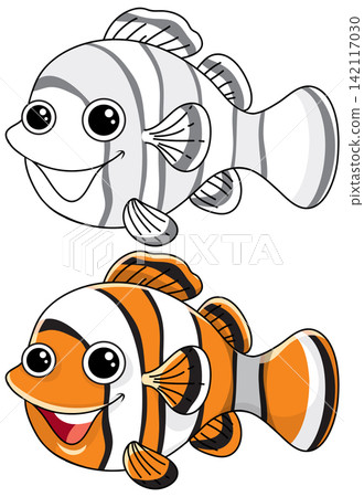 Cute Cartoon Clownfish Vector Illustration in Color and Line Art Cute Cartoon Clownfish Vector Illustration in Color and Line Art 142117030