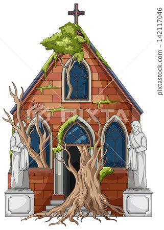 Abandoned Brick Chapel Overgrown With Trees And Moss Abandoned Brick Chapel Overgrown With Trees And Moss 142117046