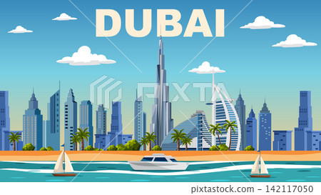 Dubai City Skyline Vector Illustration with Skyscrapers Beach and Coastal Boats Dubai City Skyline Vector Illustration with Skyscrapers Beach and Coastal Boats 142117050
