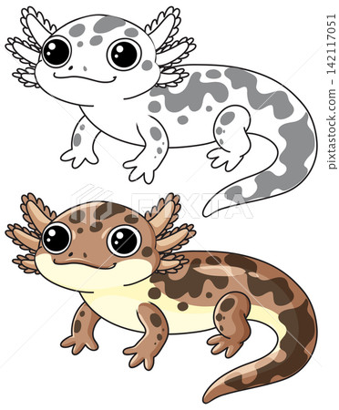 Cute Spotted Axolotl Vector Illustration Set with Brown and White Variations Cute Spotted Axolotl Vector Illustration Set with Brown and White Variations 142117051