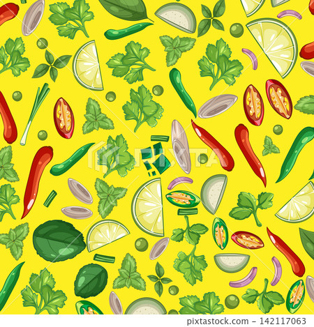 Thai Cuisine Ingredients Vector Illustration with Chili Lime and Herbs Thai Cuisine Ingredients Vector Illustration with Chili Lime and Herbs 142117063