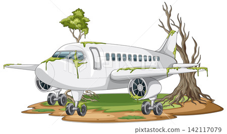 Abandoned Passenger Airplane Overgrown with Moss and Trees 142117079
