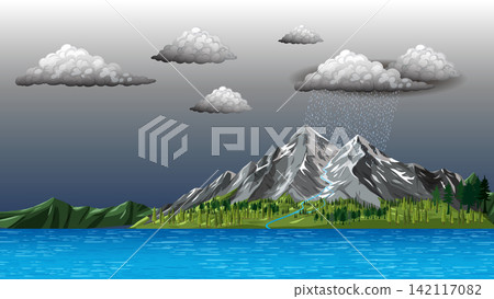 Vector Illustration of Stormy Mountain Landscape with Rain and Lake Vector Illustration of Stormy Mountain Landscape with Rain and Lake 142117082