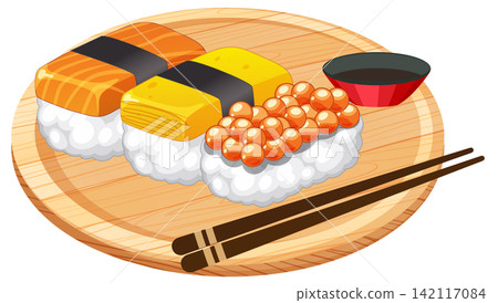 Assorted Sushi Nigiri on Wooden Plate with Chopsticks Assorted Sushi Nigiri on Wooden Plate with Chopsticks 142117084