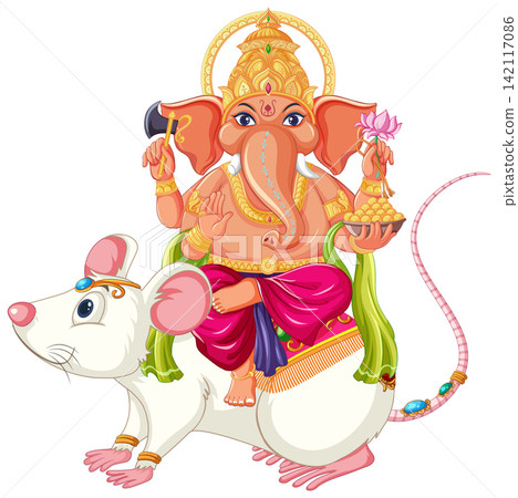 Elephant Headed Deity Ganesha Riding Large White Rat Vector Illustration Elephant Headed Deity Ganesha Riding Large White Rat Vector Illustration 142117086