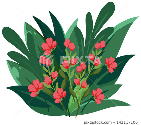 Flat Vector Illustration of Red Flowers and Green Tropical Leaves Flat Vector Illustration of Red Flowers and Green Tropical Leaves 142117100