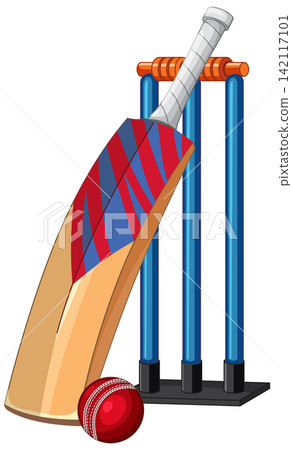 Vector Illustration of Cricket Bat Ball and Wickets on White Background Vector Illustration of Cricket Bat Ball and Wickets on White Background 142117101