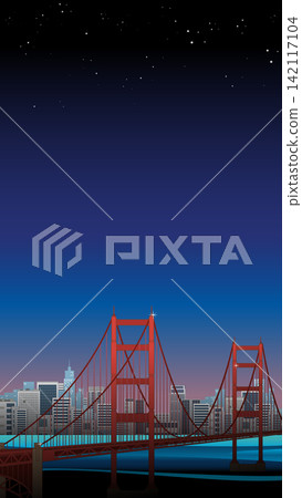 Red Suspension Bridge Over Water with City Skyline at Night Red Suspension Bridge Over Water with City Skyline at Night 142117104