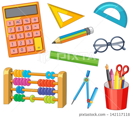 Collection of Colorful School Supplies and Mathematics Tools Vector Illustration Collection of Colorful School Supplies and Mathematics Tools Vector Illustration 142117118