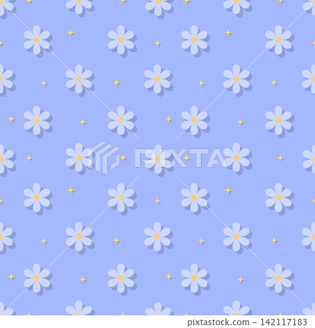 Periwinkle blue floral seamless pattern with drop shadow and stars Periwinkle blue floral seamless pattern with drop shadow and stars 142117183