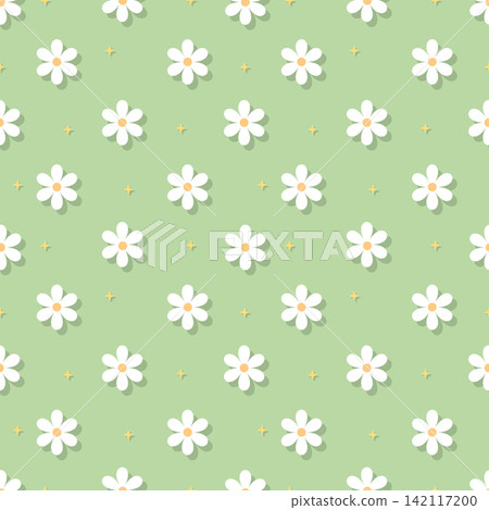 Pastel sage green floral seamless pattern with drop shadow and stars Pastel sage green floral seamless pattern with drop shadow and stars 142117200