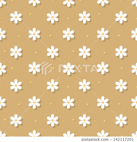 Warm brown beige floral seamless pattern with drop shadow and stars 142117201