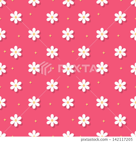 Vibrant magenta pink floral seamless pattern with drop shadow and stars Vibrant magenta pink floral seamless pattern with drop shadow and stars 142117205