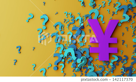 Purple Yen Symbol Surrounded By Blue Question Marks On Yellow Background Representing Financial Uncertainty 142117370