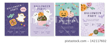 Cute Halloween party invitation card set. Halloween poster. 142117602