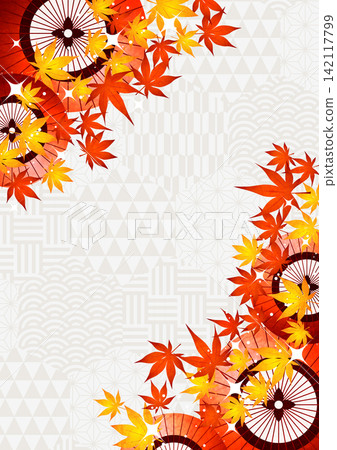 Honeycomb Japanese pattern with autumn leaves and Japanese umbrella, background, autumn, cute, illustration, vertical Honeycomb Japanese pattern with autumn leaves and Japanese umbrella, background, autumn, cute, illustration, vertical 142117799