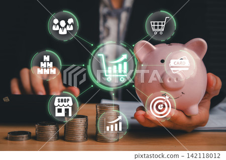 Business professional using smart retail analytics with artificial intelligence to analyze customer behavior, products, sales performance and digital commerce data. Business professional using smart retail analytics with artificial intelligence to analyze customer behavior, products, sales performance and digital commerce data. 142118012