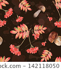 Seamless watercolor autumn pattern with rowan berries and mushrooms on a dark background. 142118050