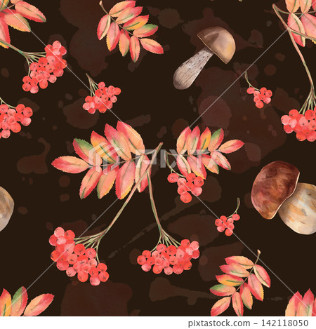 Seamless watercolor autumn pattern with rowan berries and mushrooms on a dark background. Seamless watercolor autumn pattern with rowan berries and mushrooms on a dark background. 142118050